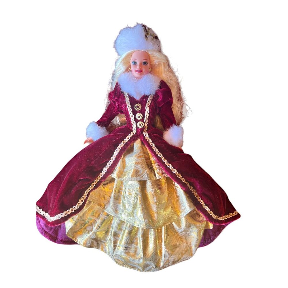 Happy Holidays Barbie Blonde Special Edition w Brush + 4” Dia. Base velvet Coat